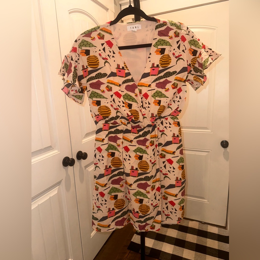 THML Size Small Multicolor Abstract Mini Boutique Wrap Ruffle Dress - Picture 2 of 9